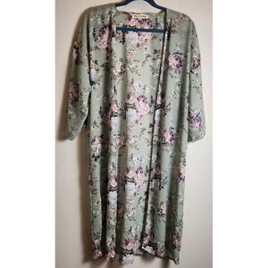 Wallflower Floral Kimono Duster Women's M Sage Green Pink Purple Boho Open Front
